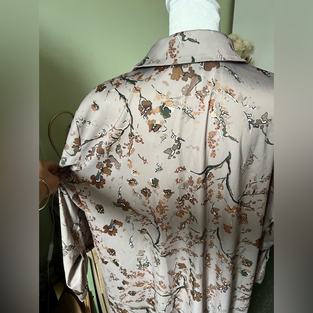 Autumnal Print Modest Maxi Button Down Relaxed Fit Long-Sleeve Satin Dress Sz XL - Picture 4 of 16